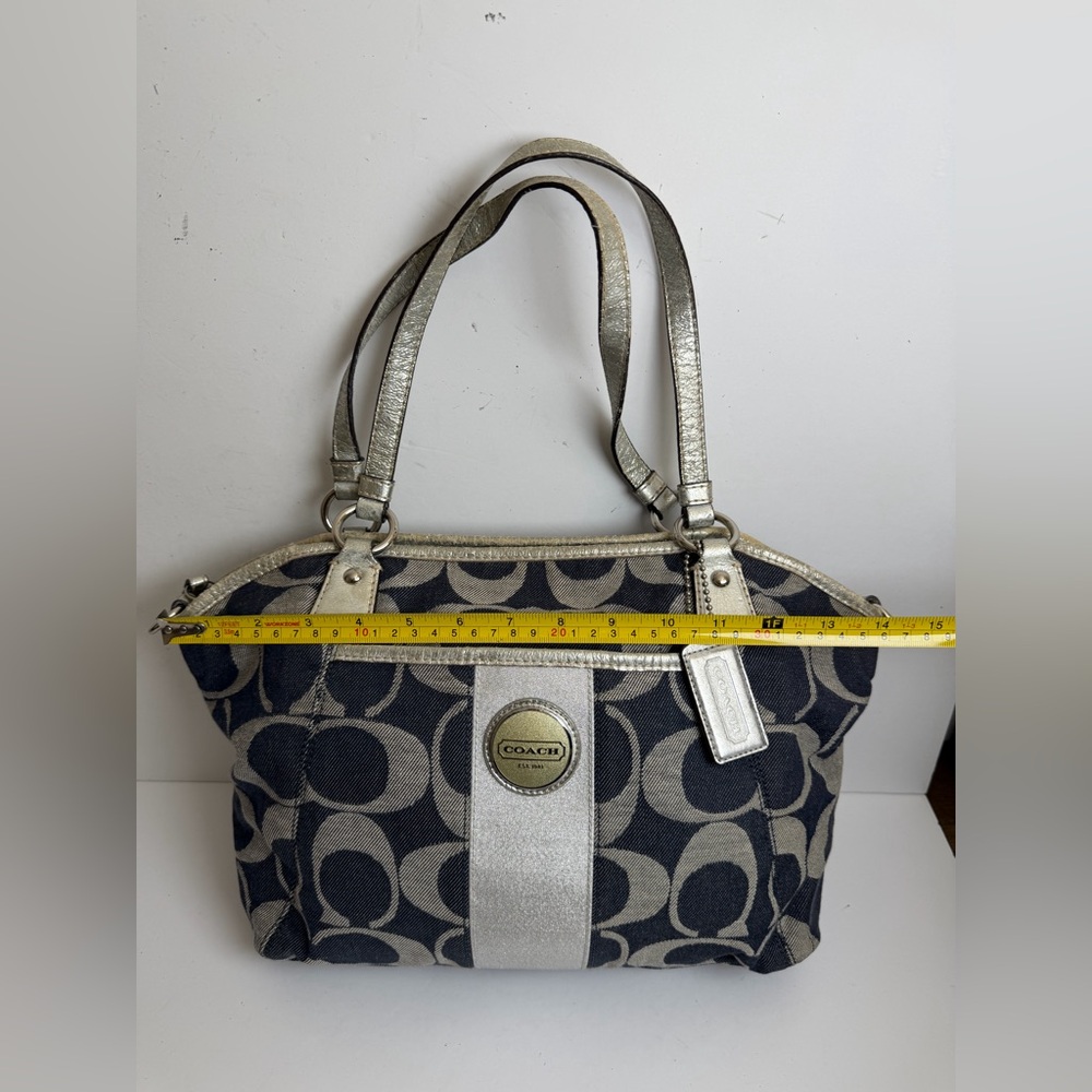 Coach Signature C Denim Stripe Tote Bag Silver Accents - Picture 4 of 14